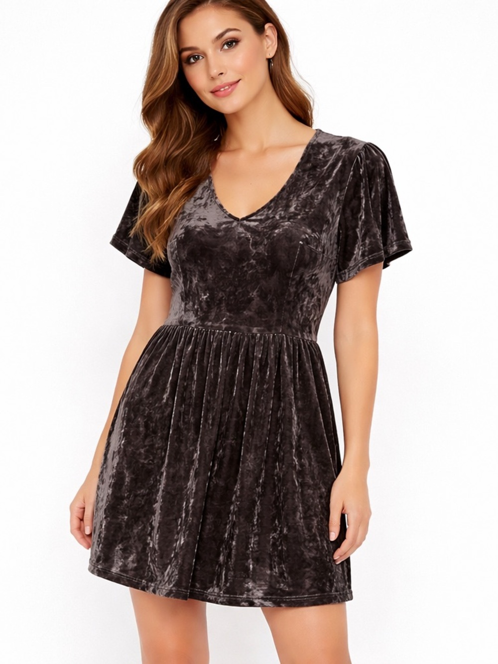 AEO Velvet V-Neck Short Sleeve Skater Dress in Charcoal XS